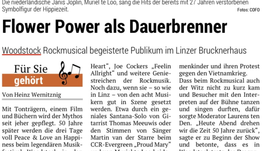 REVIEW: “Woodstock Rockmusical begeisterte Publikum im Linzer Brucknerhaus” – Oberöstereichisches Volksblatt